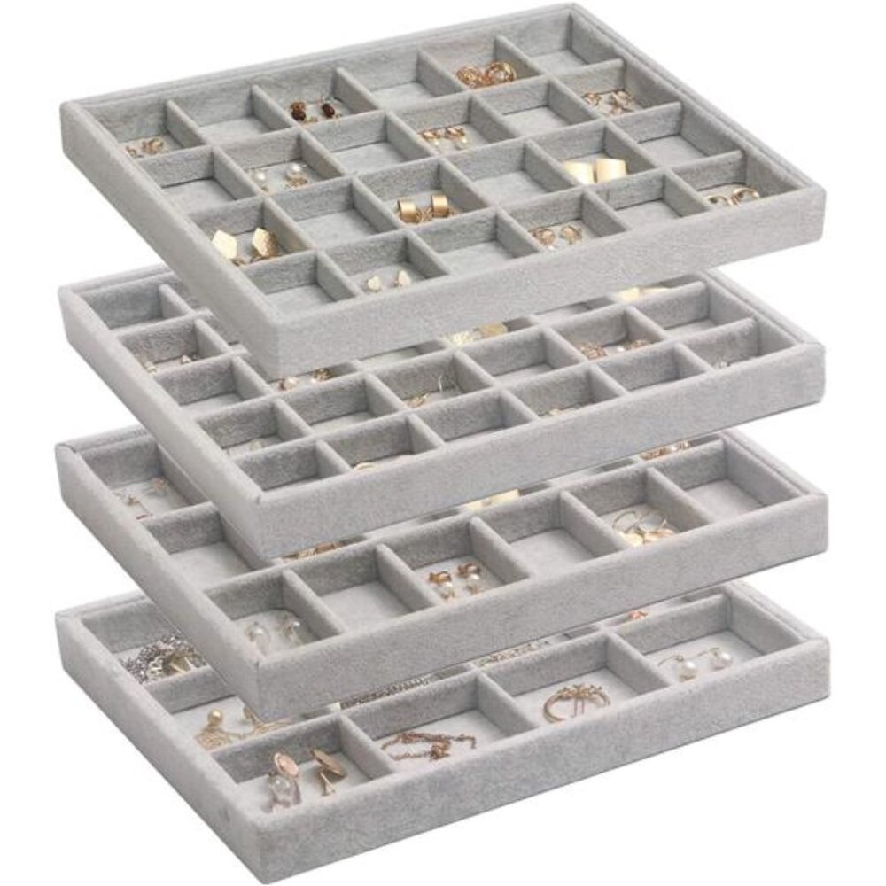 Set of 4 Stackable Velvet Jewelry Trays Organizer, Jewelry Display Storage Box